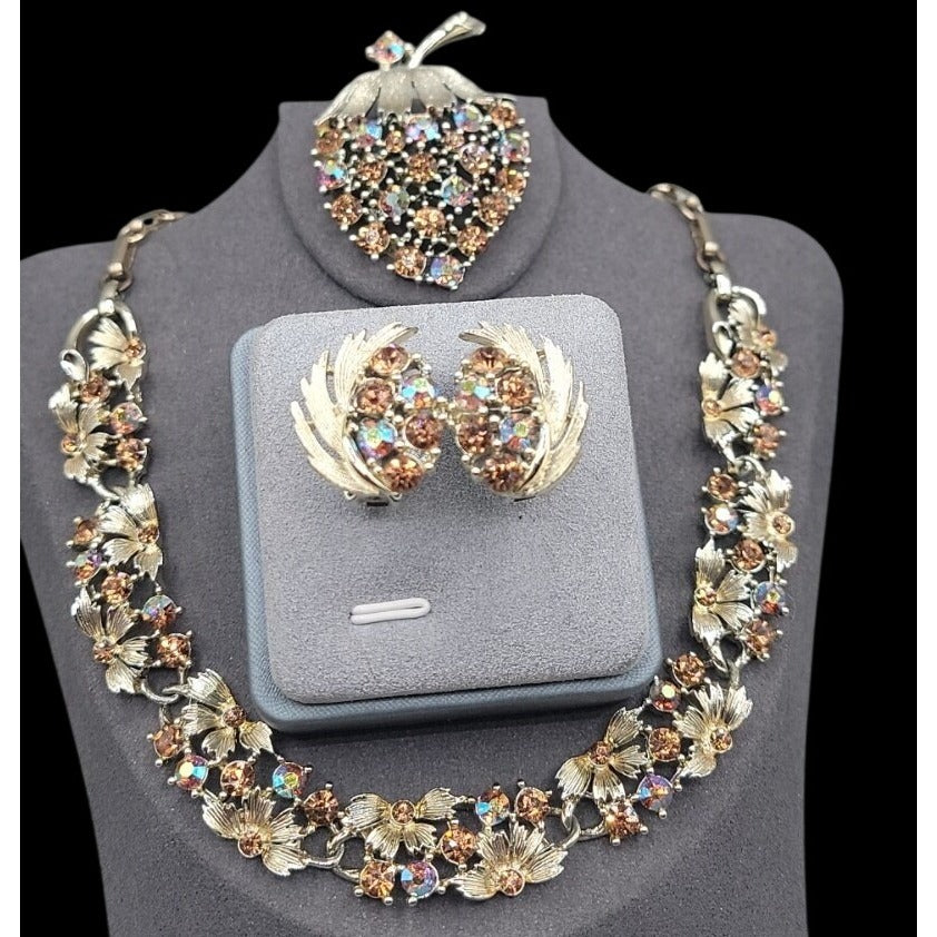 Vintage Lisner Parure Aurora Borealis Strawberry Jewelry Set Gold Tone ESTATE