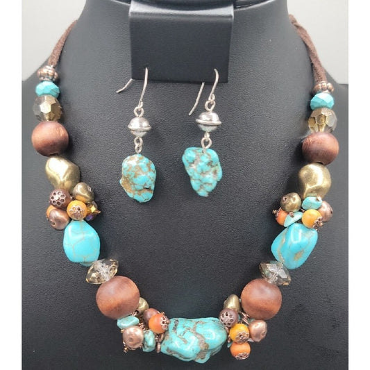 Artisan Genuine Turquoise Nugget Statement Necklace Earring Set Wood Brass Boho