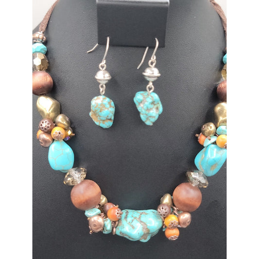 Artisan Genuine Turquoise Nugget Statement Necklace Earring Set Wood Brass Boho