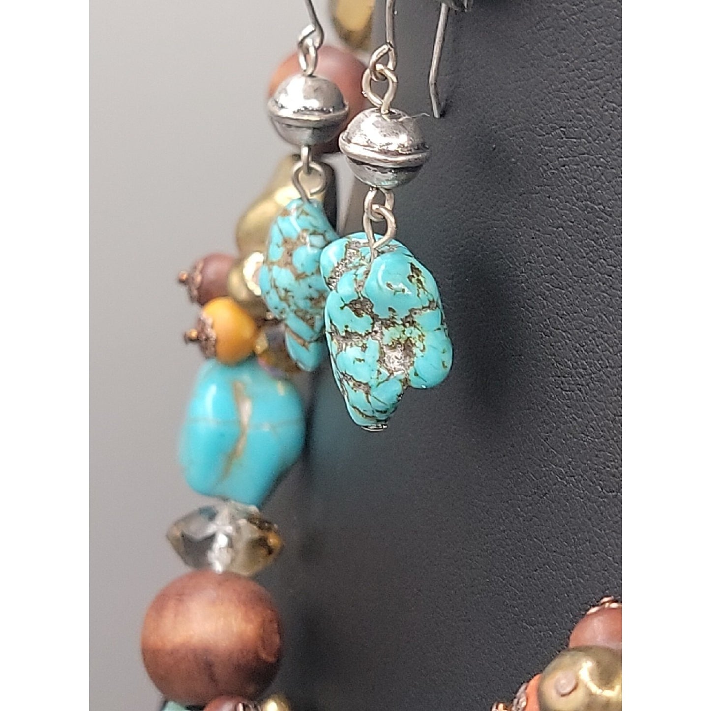 Artisan Genuine Turquoise Nugget Statement Necklace Earring Set Wood Brass Boho