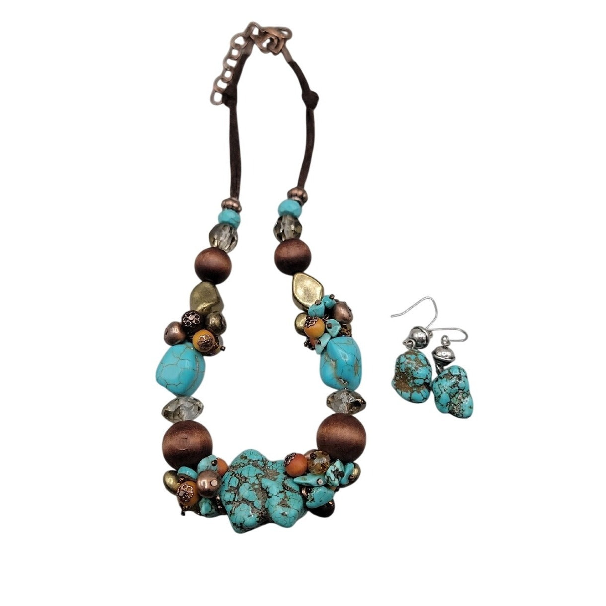 Artisan Genuine Turquoise Nugget Statement Necklace Earring Set Wood Brass Boho