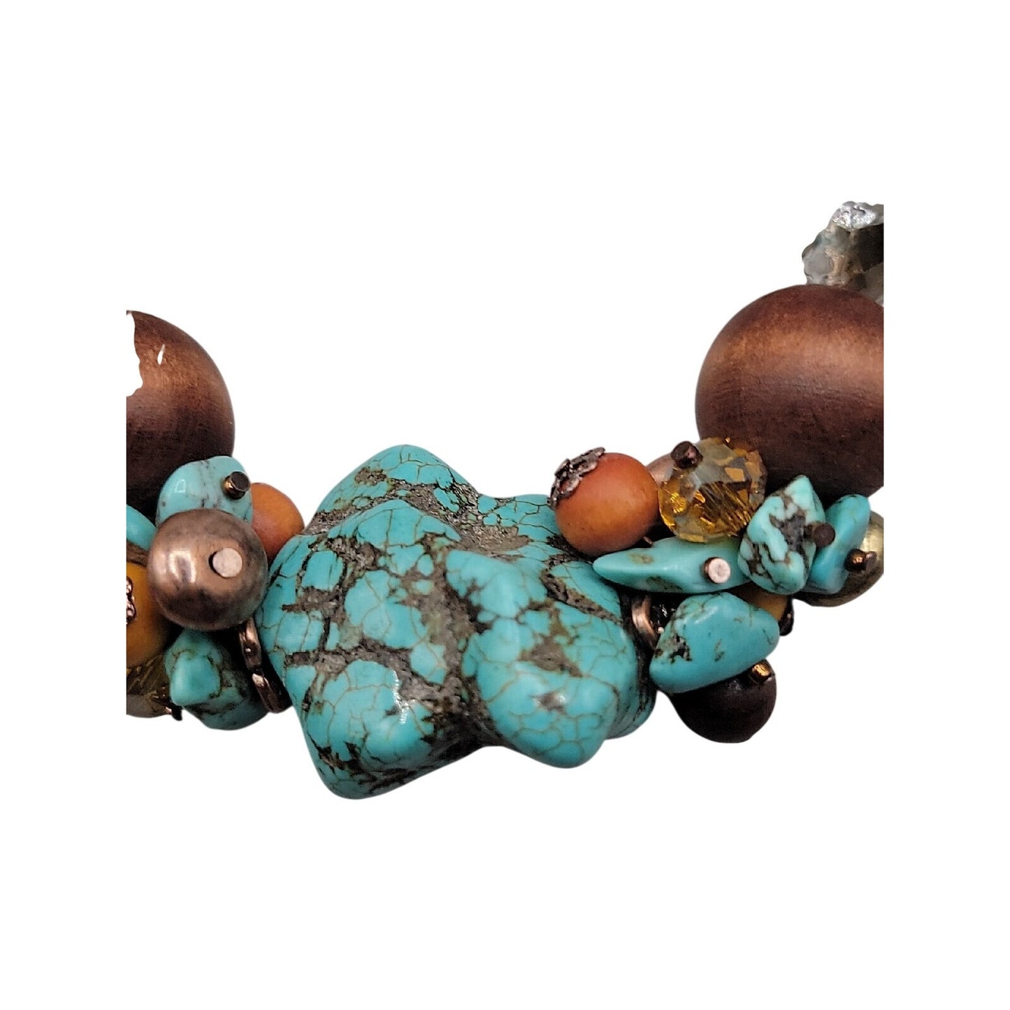 Artisan Genuine Turquoise Nugget Statement Necklace Earring Set Wood Brass Boho