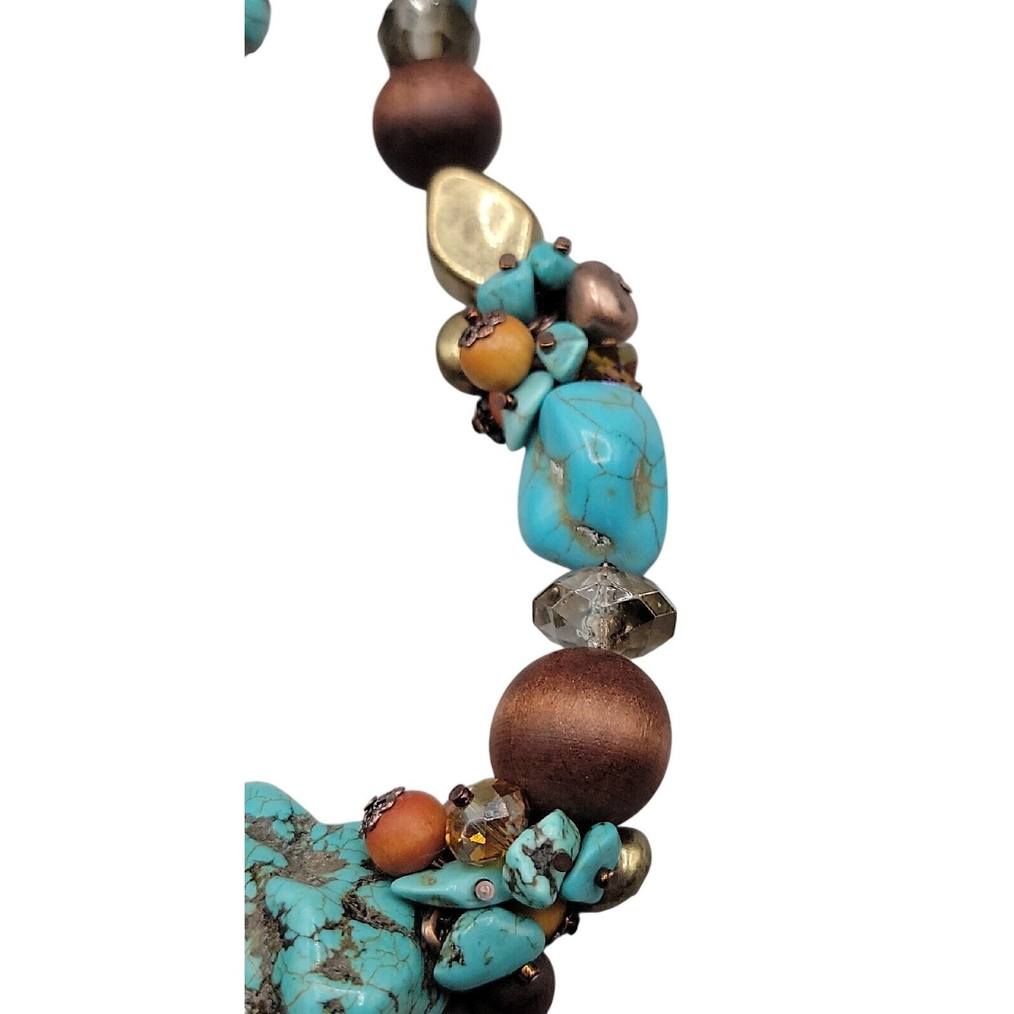 Artisan Genuine Turquoise Nugget Statement Necklace Earring Set Wood Brass Boho