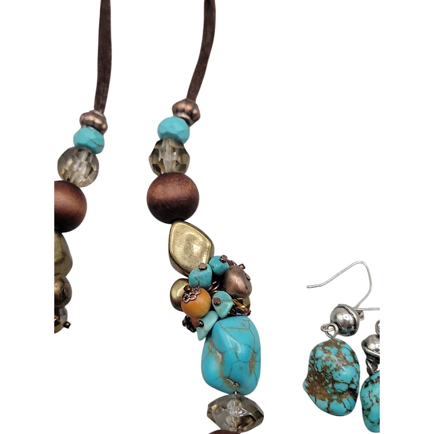 Artisan Genuine Turquoise Nugget Statement Necklace Earring Set Wood Brass Boho
