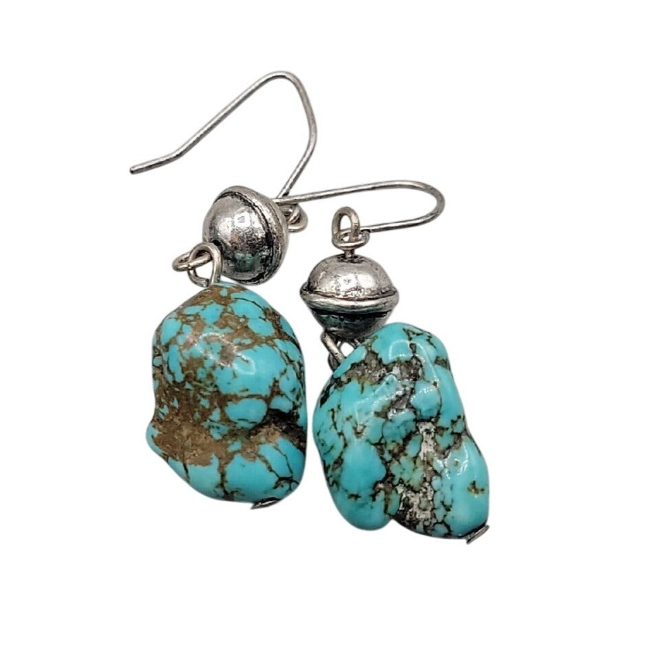Artisan Genuine Turquoise Nugget Statement Necklace Earring Set Wood Brass Boho