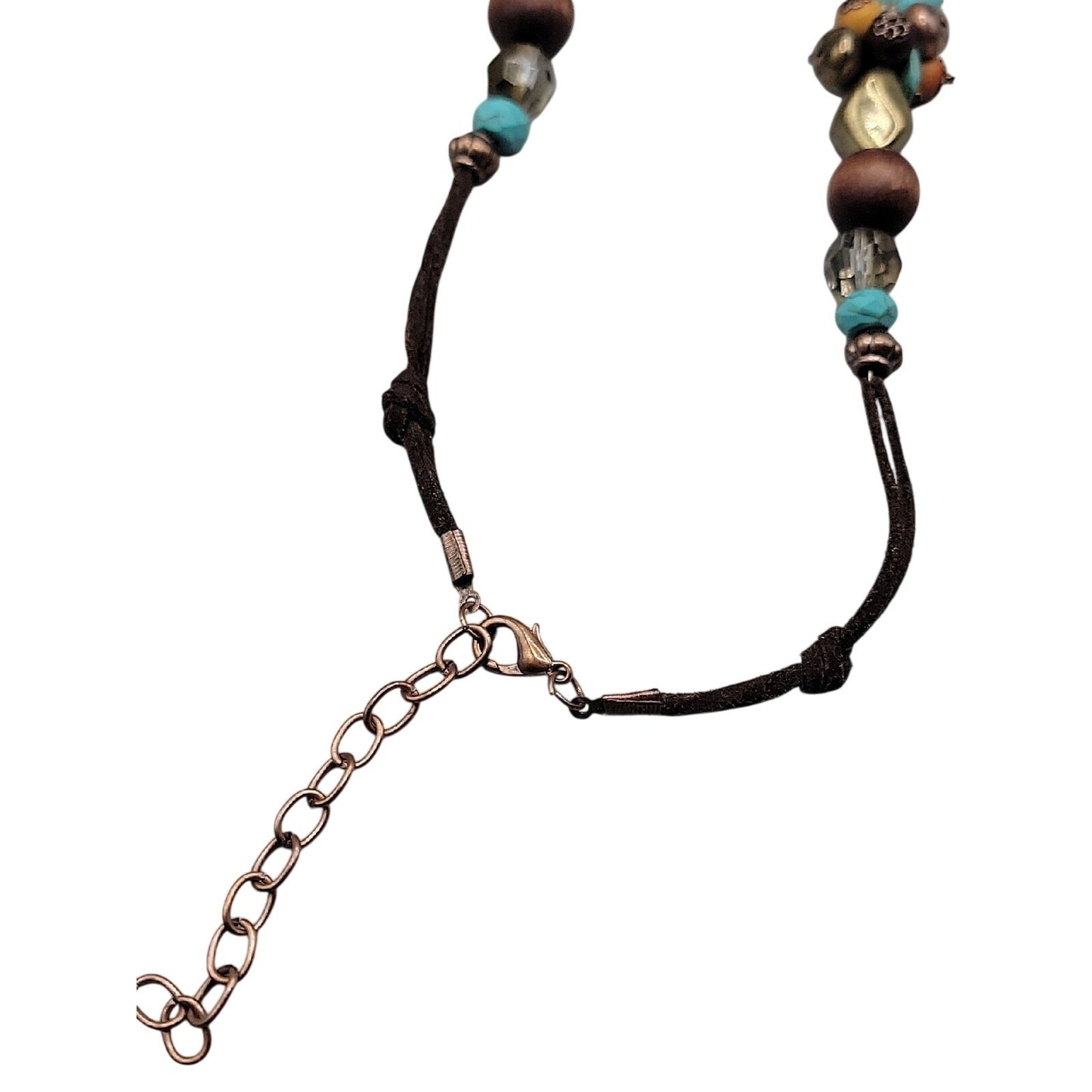 Artisan Genuine Turquoise Nugget Statement Necklace Earring Set Wood Brass Boho