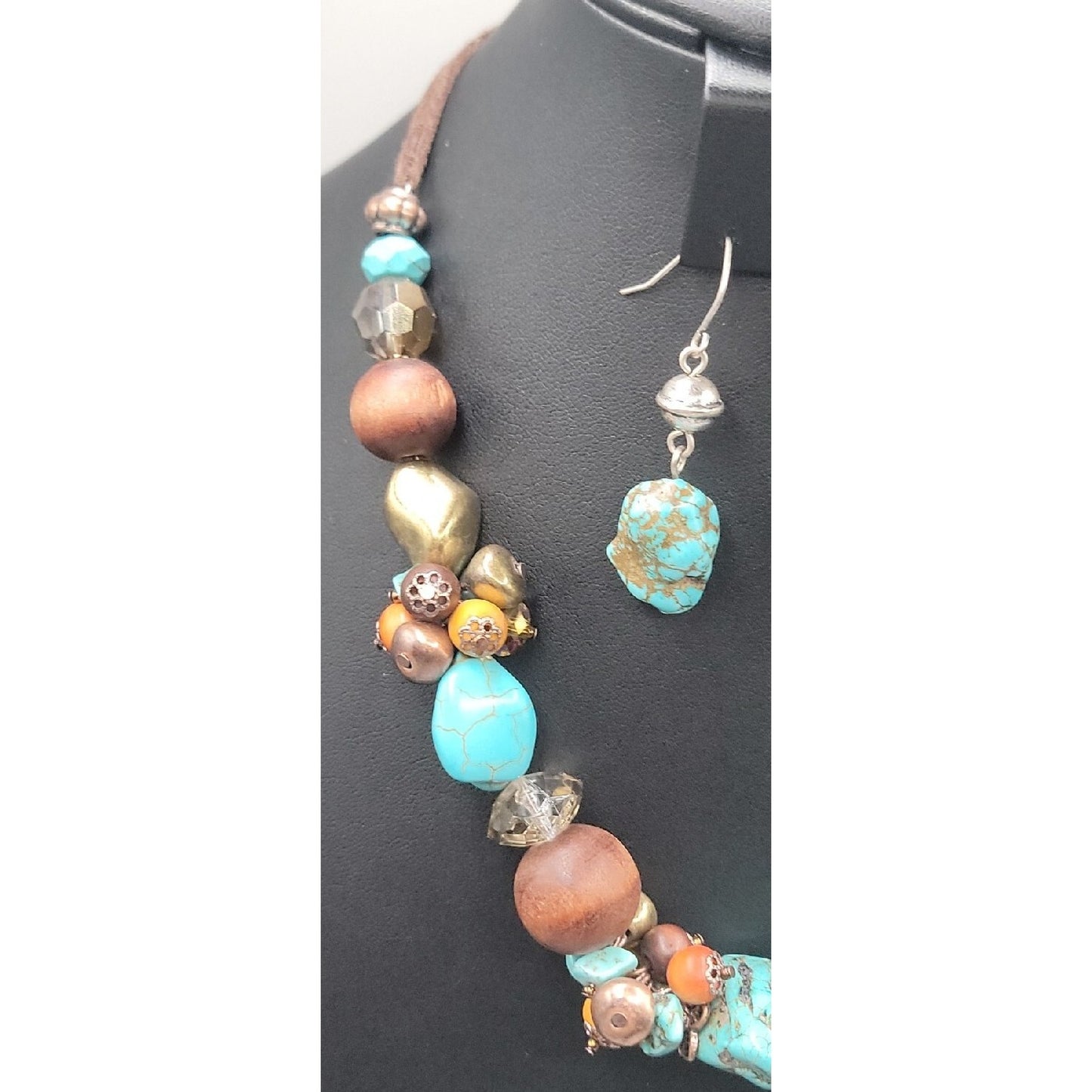 Artisan Genuine Turquoise Nugget Statement Necklace Earring Set Wood Brass Boho