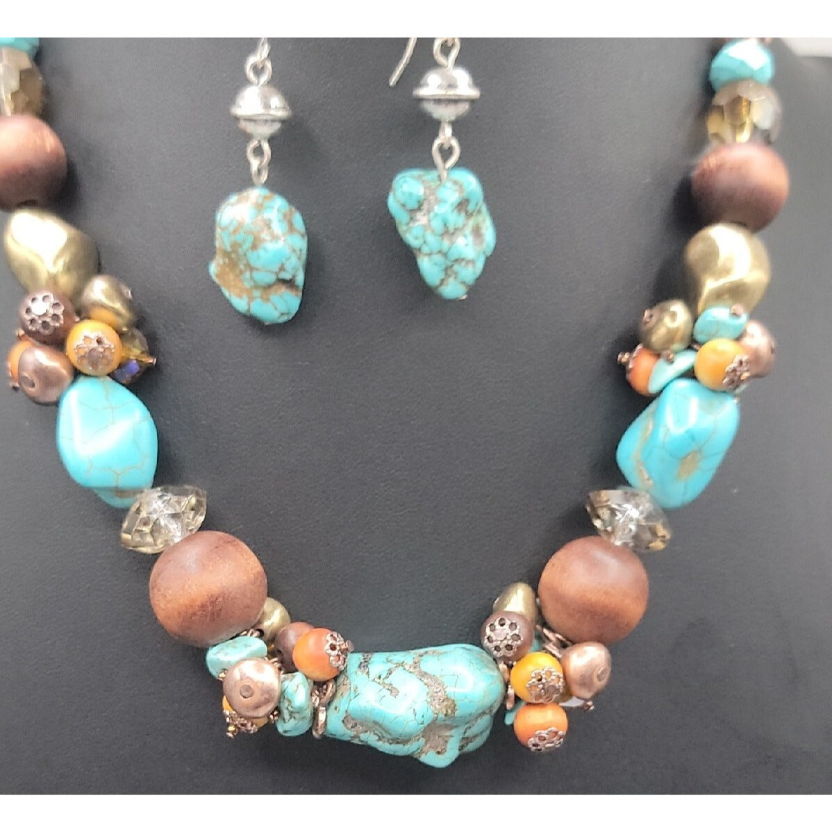 Artisan Genuine Turquoise Nugget Statement Necklace Earring Set Wood Brass Boho