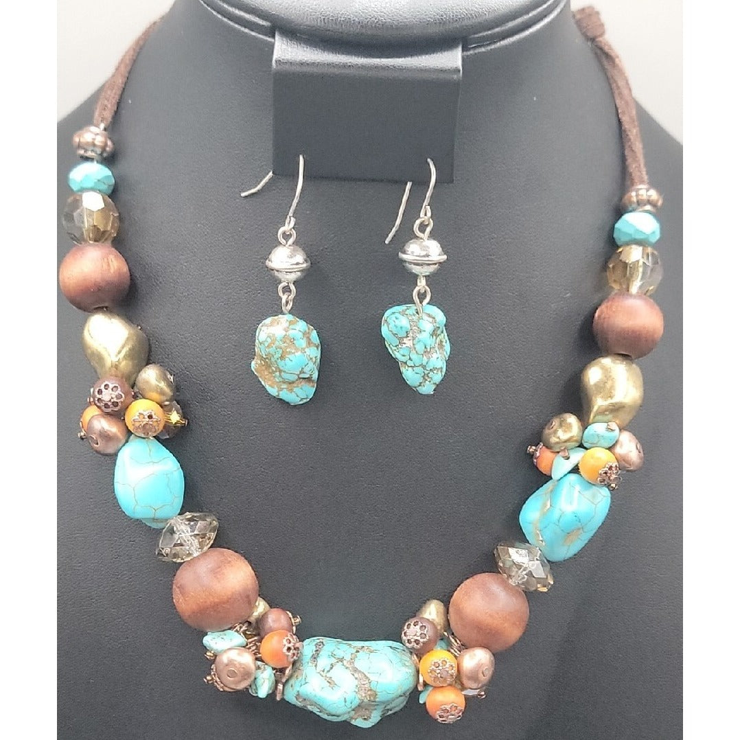 Artisan Genuine Turquoise Nugget Statement Necklace Earring Set Wood Brass Boho