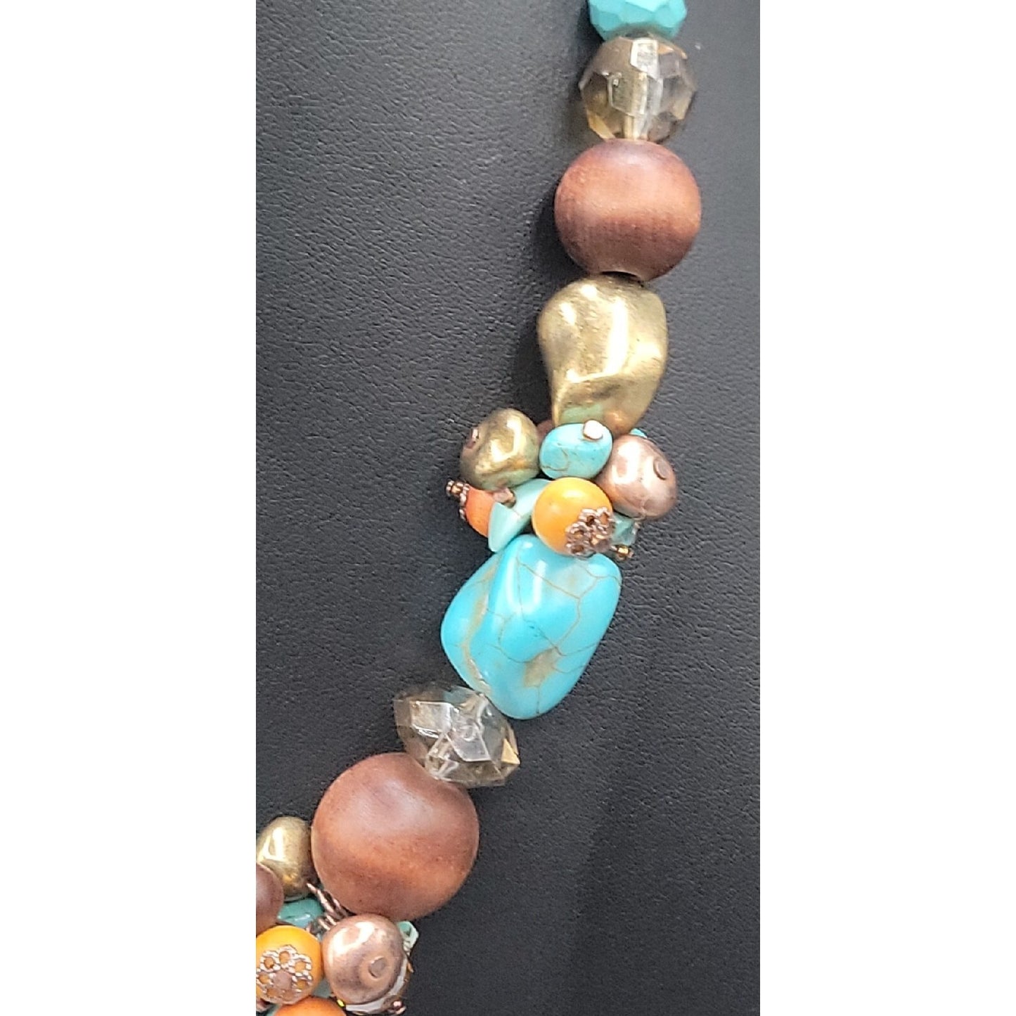 Artisan Genuine Turquoise Nugget Statement Necklace Earring Set Wood Brass Boho