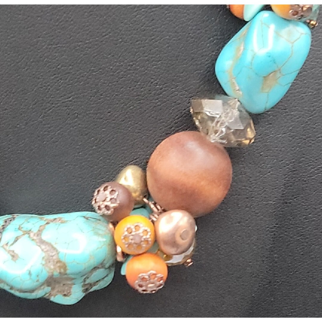 Artisan Genuine Turquoise Nugget Statement Necklace Earring Set Wood Brass Boho