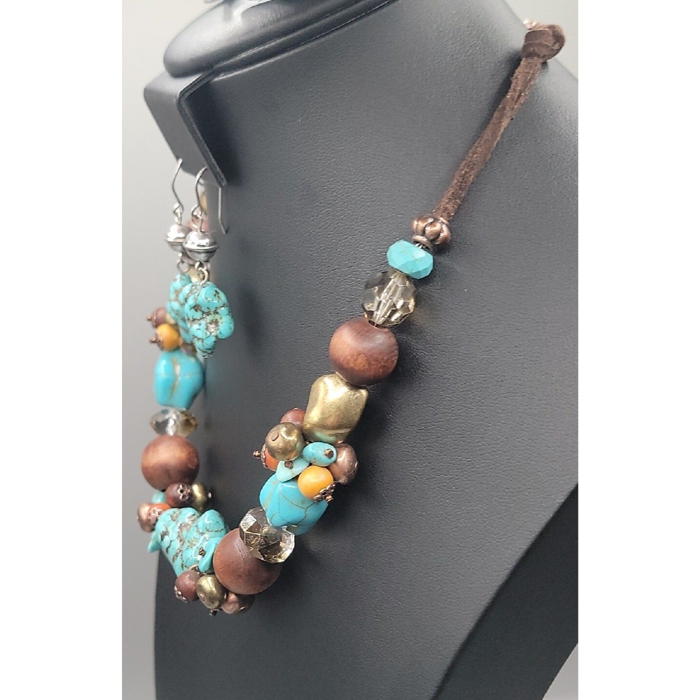 Artisan Genuine Turquoise Nugget Statement Necklace Earring Set Wood Brass Boho