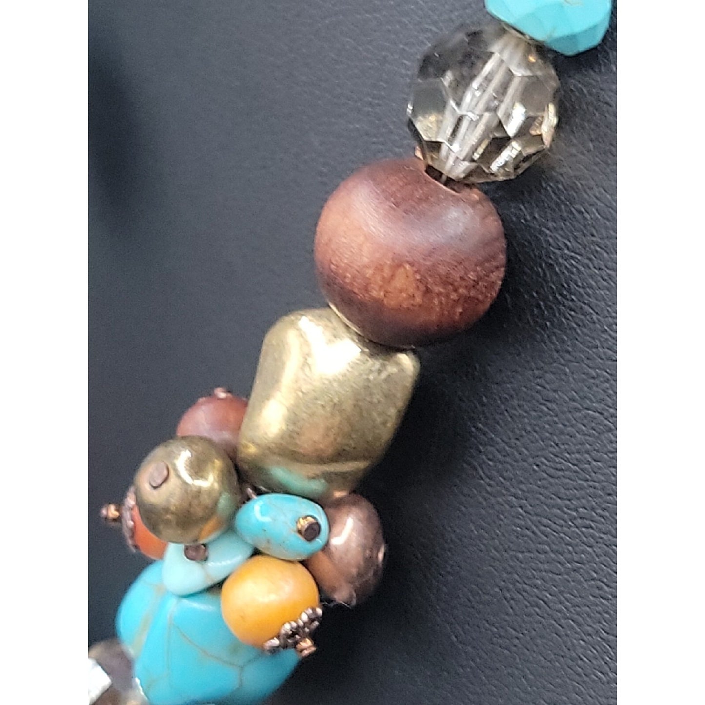 Artisan Genuine Turquoise Nugget Statement Necklace Earring Set Wood Brass Boho