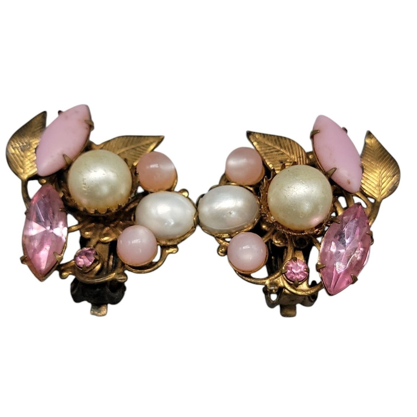 Vintage Floral Clip-On Earrings Pink Rhinestones Faux Pearls Unsigned 1950s