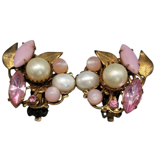 Vintage Floral Clip-On Earrings Pink Rhinestones Faux Pearls Unsigned 1950s