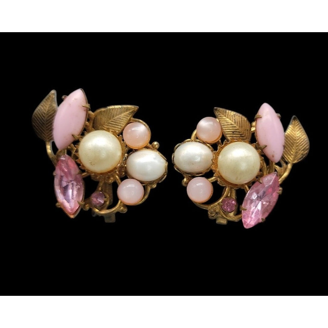 Vintage Floral Clip-On Earrings Pink Rhinestones Faux Pearls Unsigned 1950s