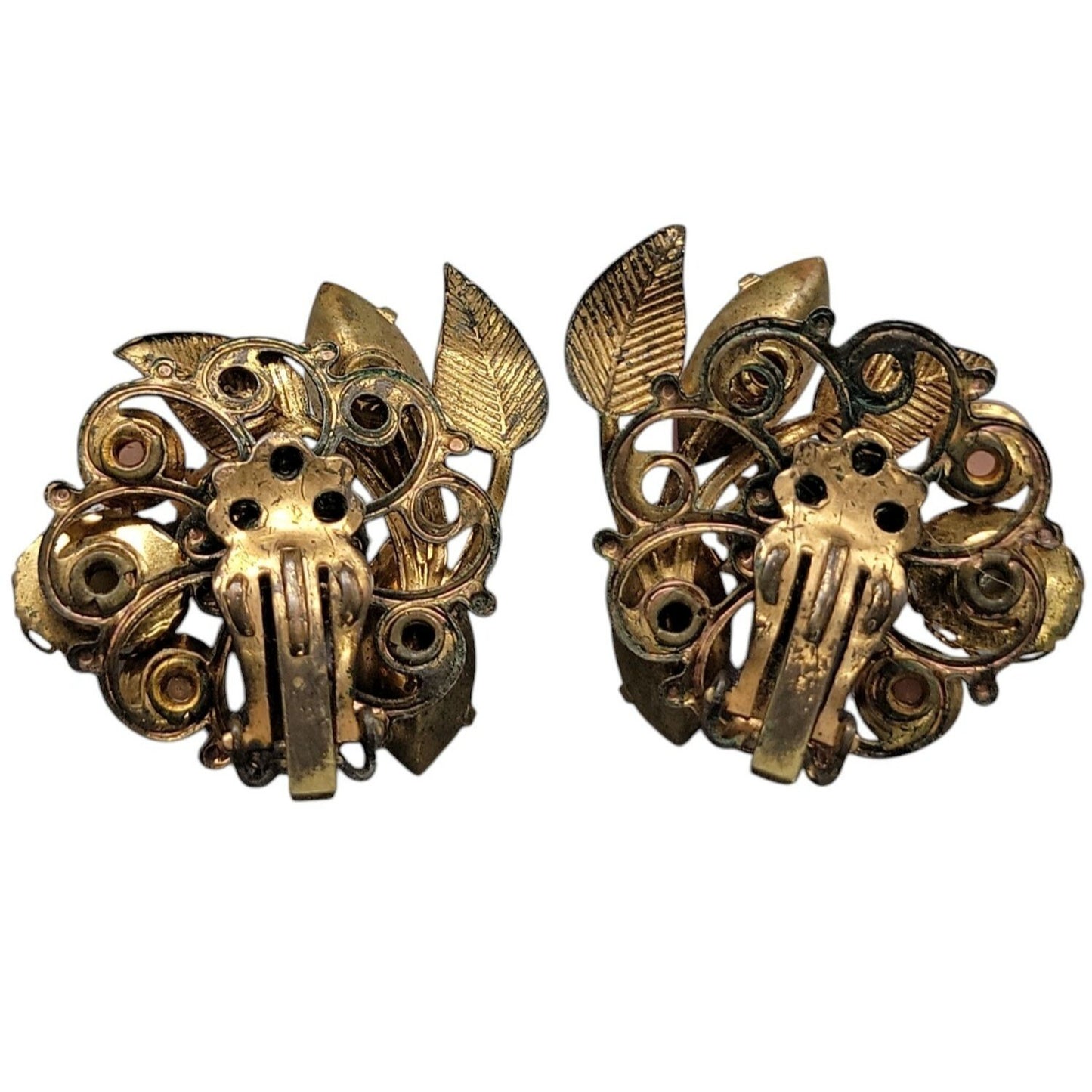 Vintage Floral Clip-On Earrings Pink Rhinestones Faux Pearls Unsigned 1950s