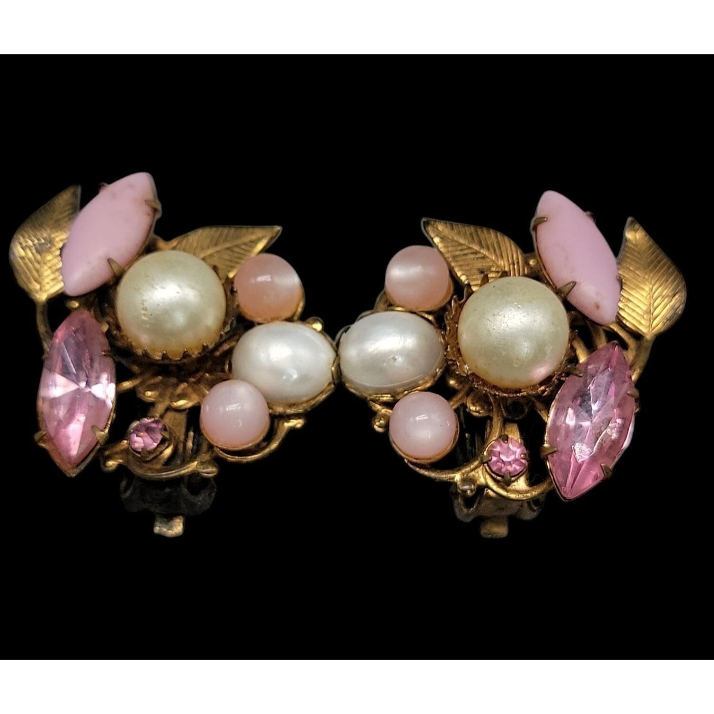 Vintage Floral Clip-On Earrings Pink Rhinestones Faux Pearls Unsigned 1950s