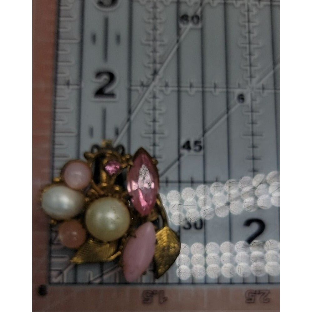 Vintage Floral Clip-On Earrings Pink Rhinestones Faux Pearls Unsigned 1950s