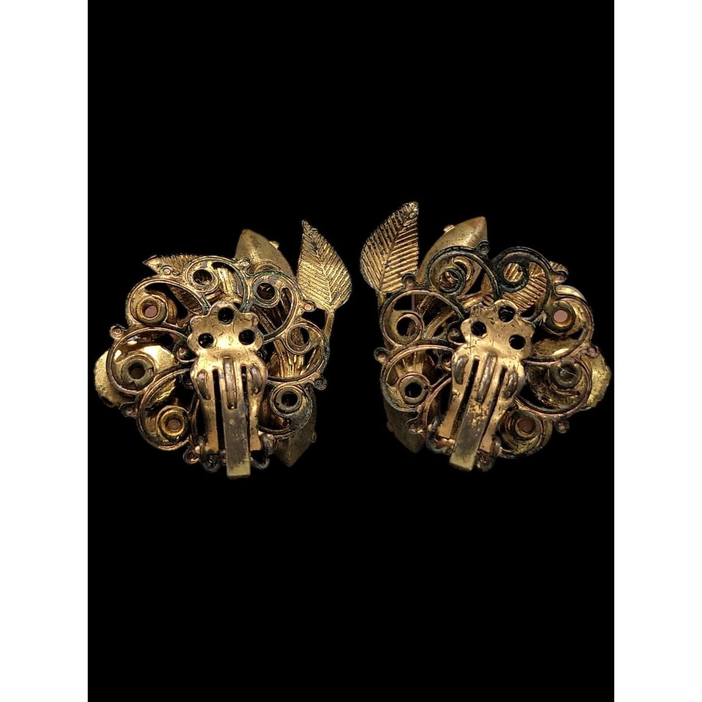 Vintage Floral Clip-On Earrings Pink Rhinestones Faux Pearls Unsigned 1950s