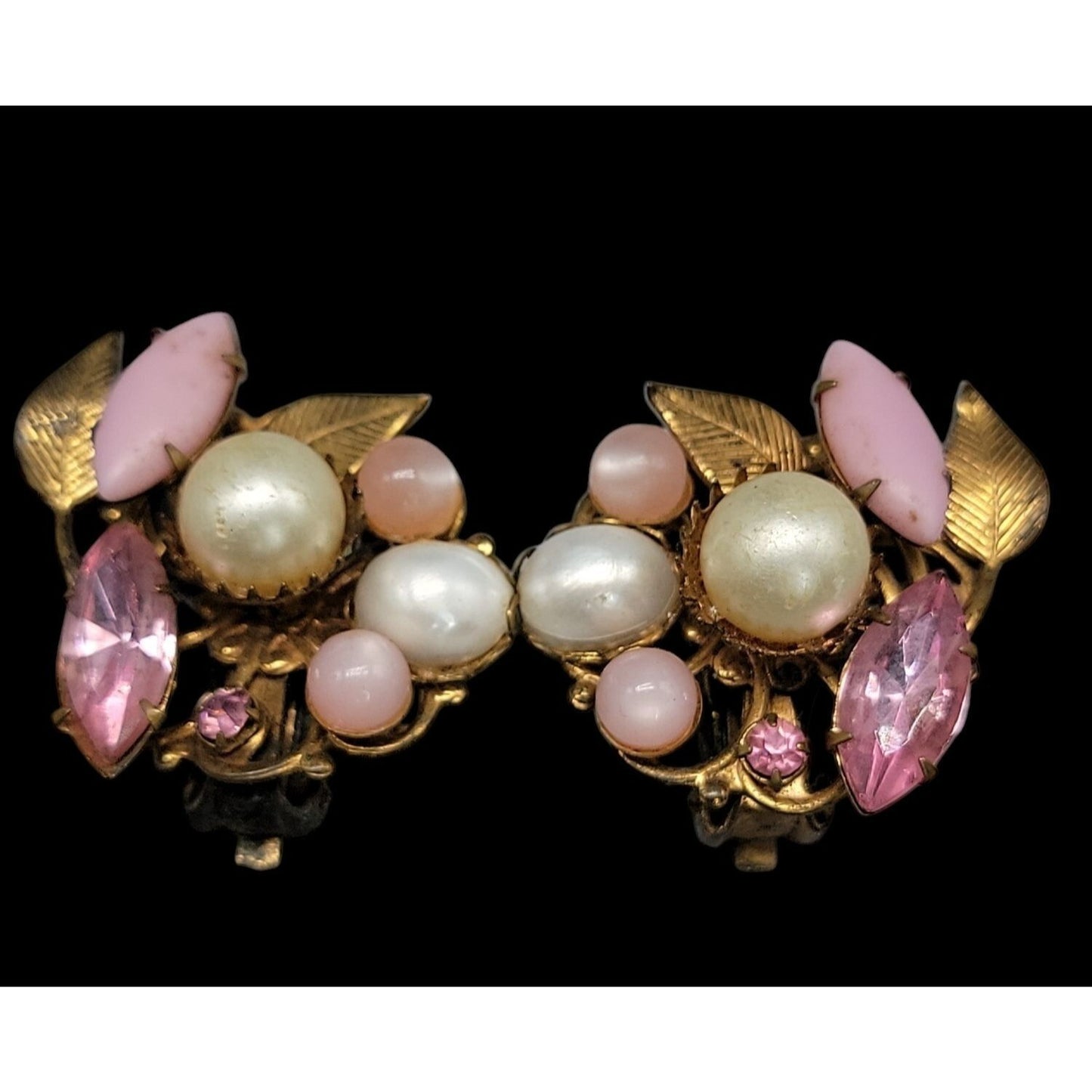 Vintage Floral Clip-On Earrings Pink Rhinestones Faux Pearls Unsigned 1950s