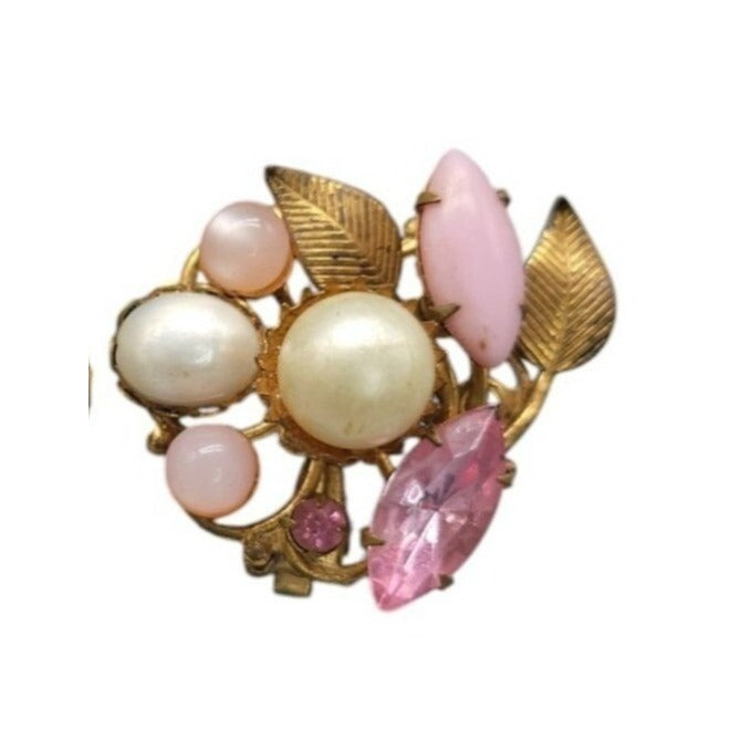 Vintage Floral Clip-On Earrings Pink Rhinestones Faux Pearls Unsigned 1950s