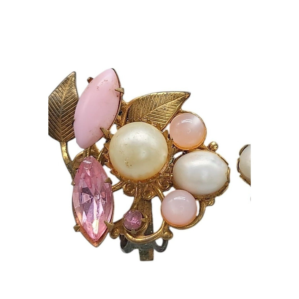 Vintage Floral Clip-On Earrings Pink Rhinestones Faux Pearls Unsigned 1950s