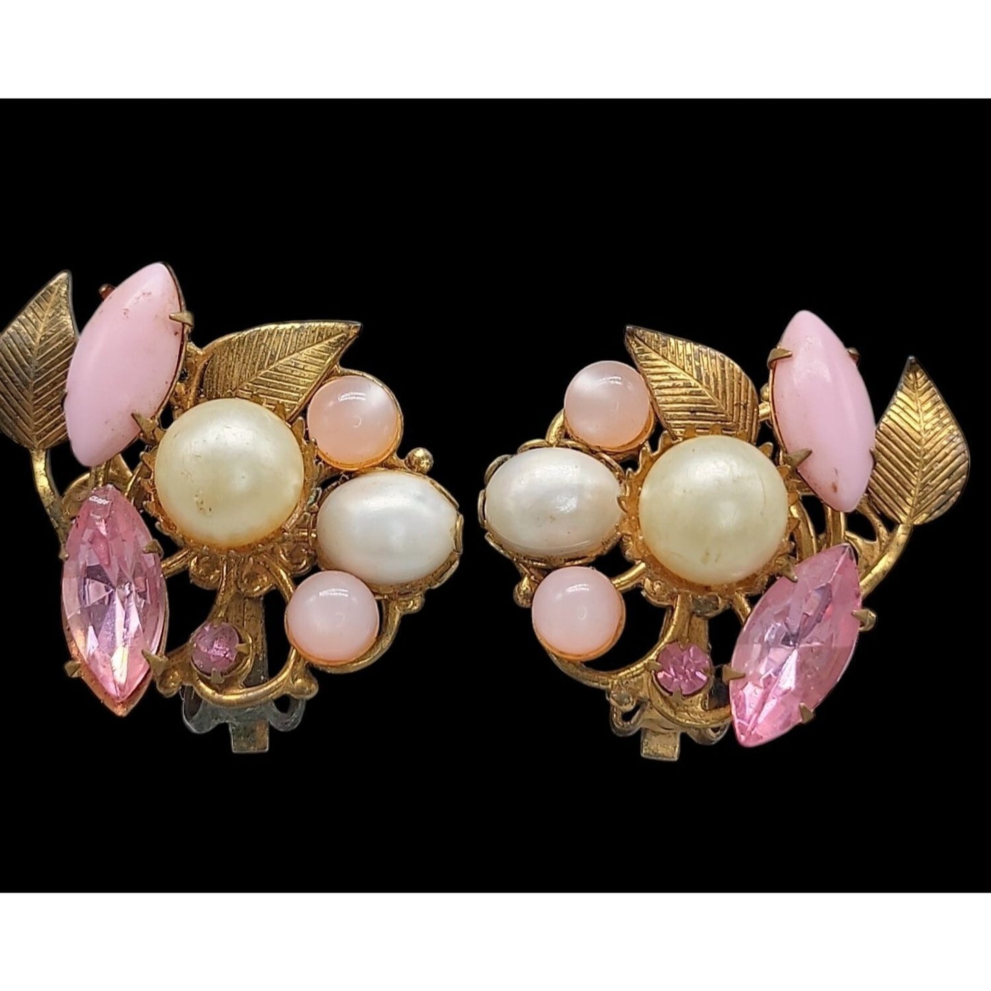 Vintage Floral Clip-On Earrings Pink Rhinestones Faux Pearls Unsigned 1950s
