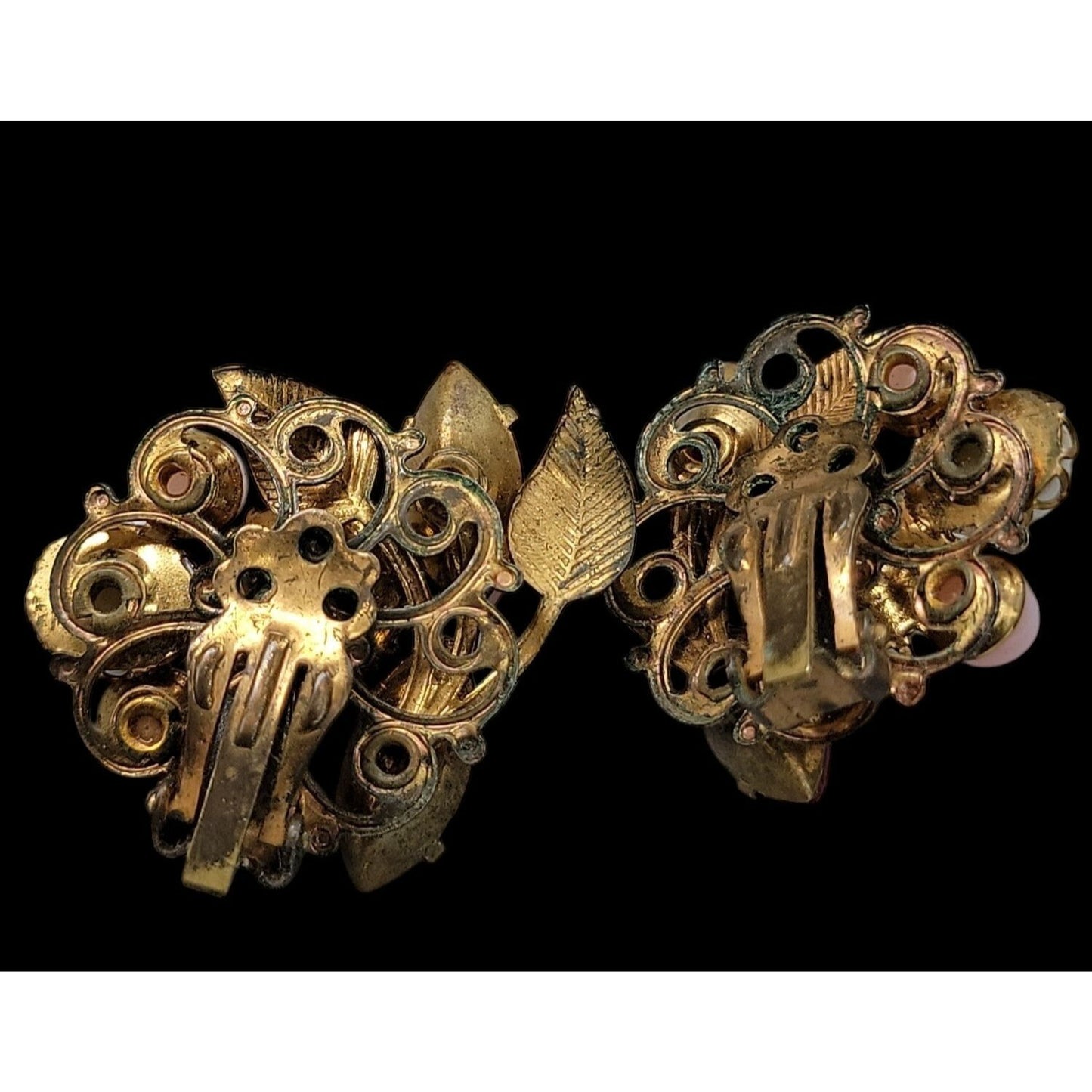 Vintage Floral Clip-On Earrings Pink Rhinestones Faux Pearls Unsigned 1950s