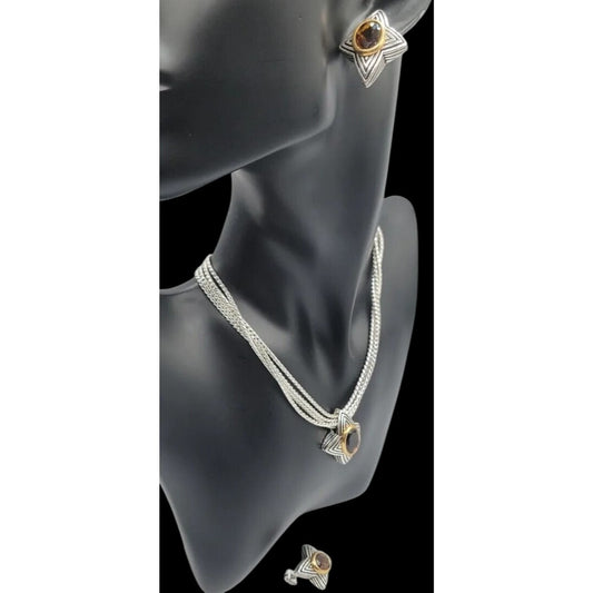 Vintage Avon Amber Star Pendant Necklace & Earrings Silver Tone 16" Chain