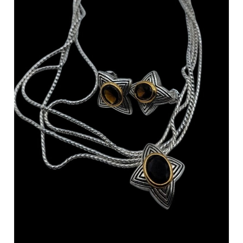 Vintage Avon Amber Star Pendant Necklace & Earrings Silver Tone 16" Chain
