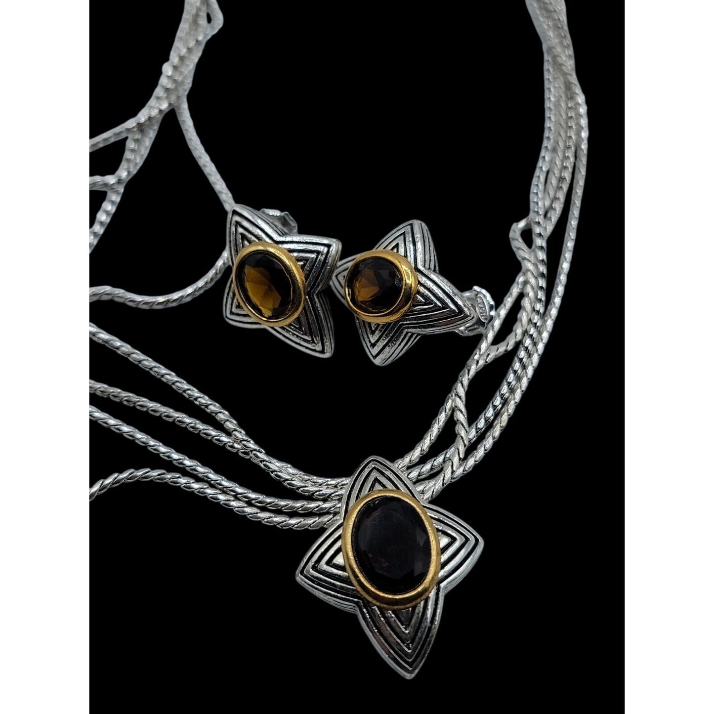 Vintage Avon Amber Star Pendant Necklace & Earrings Silver Tone 16" Chain