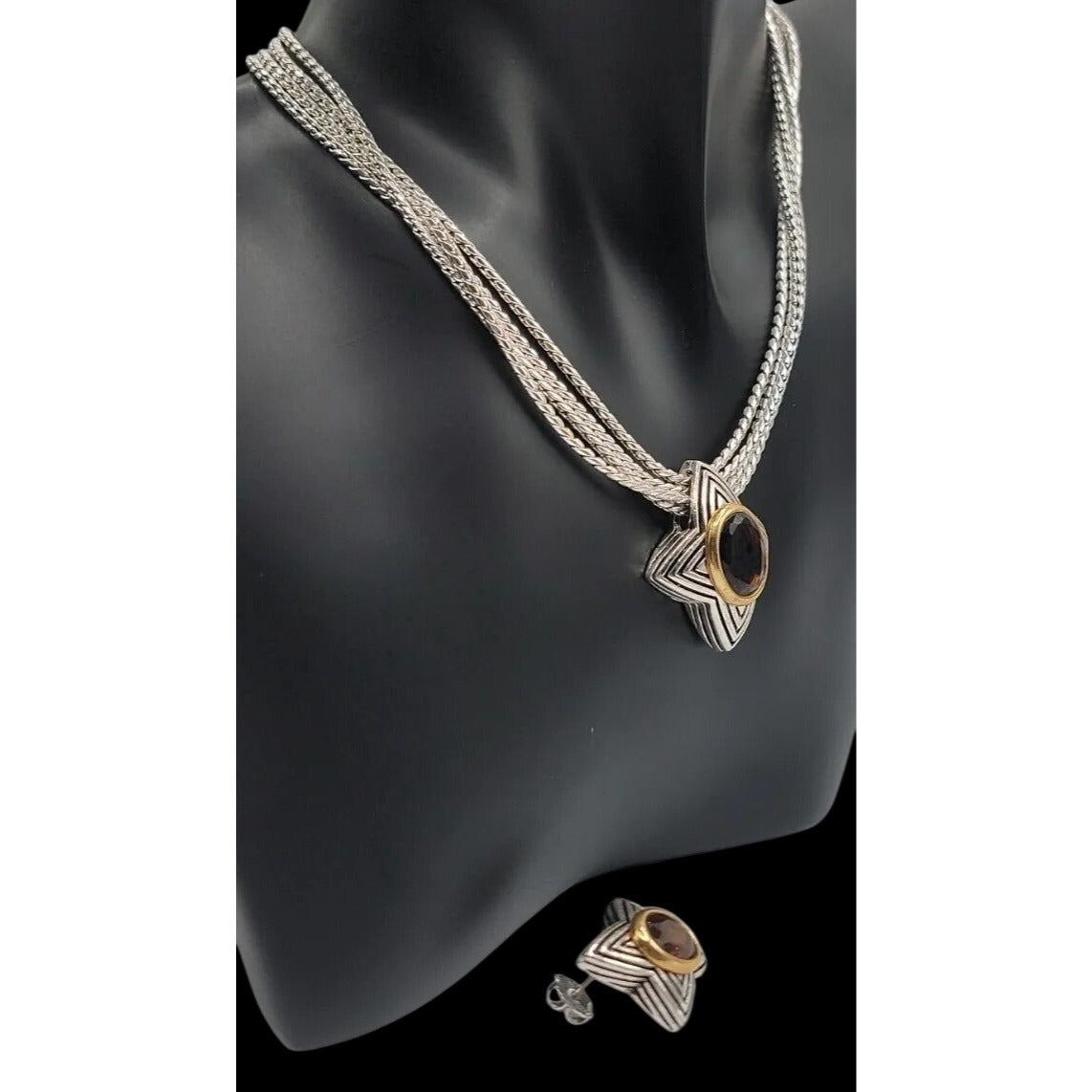 Vintage Avon Amber Star Pendant Necklace & Earrings Silver Tone 16" Chain