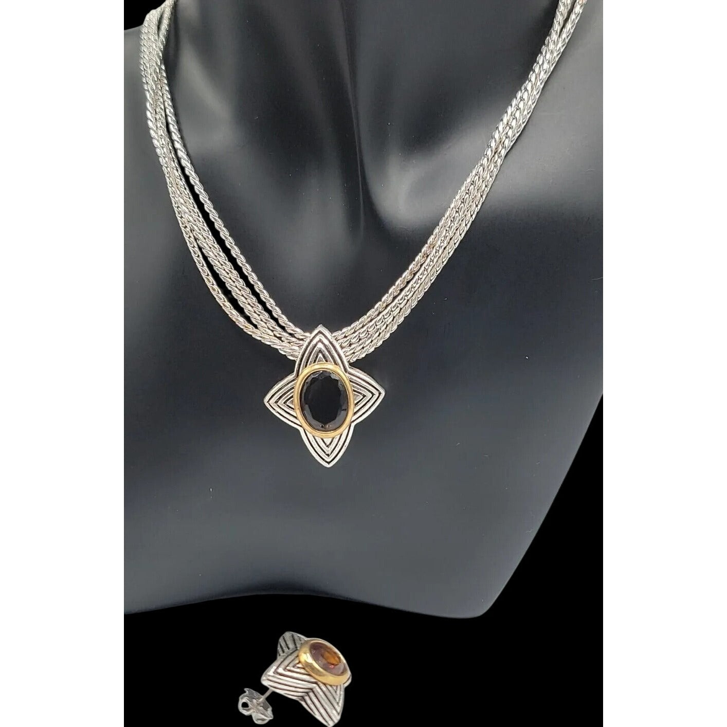 Vintage Avon Amber Star Pendant Necklace & Earrings Silver Tone 16" Chain