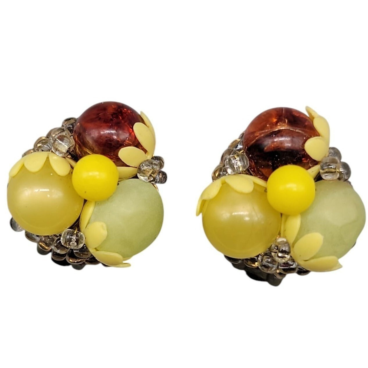 Fruit Salad Clip On Earrings Vintage Lucite Cluster Beads Gold Tone Setting