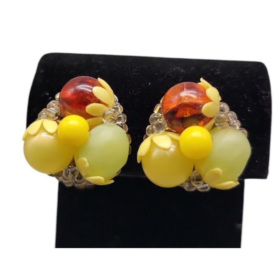 Fruit Salad Clip On Earrings Vintage Lucite Cluster Beads Gold Tone Setting