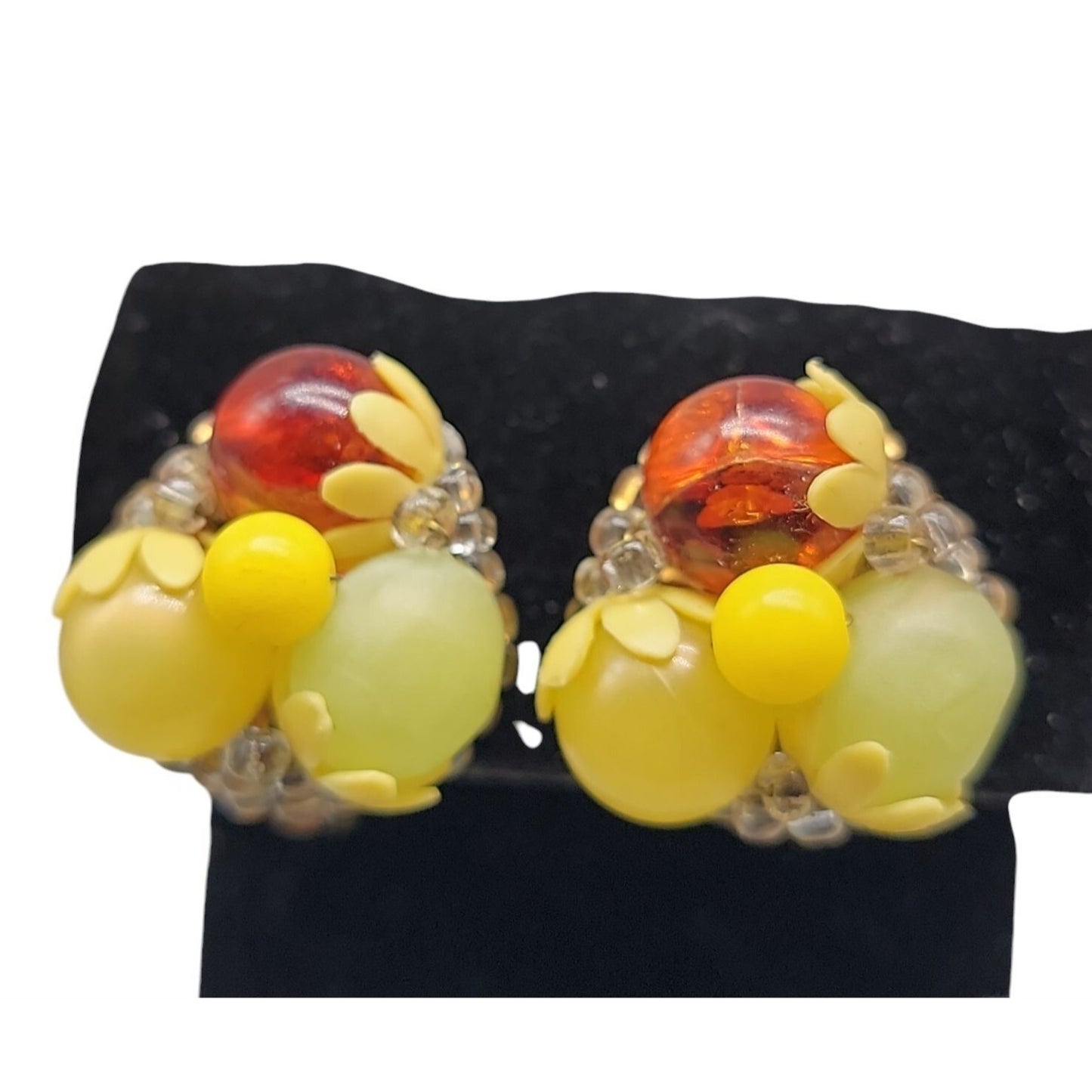 Fruit Salad Clip On Earrings Vintage Lucite Cluster Beads Gold Tone Setting