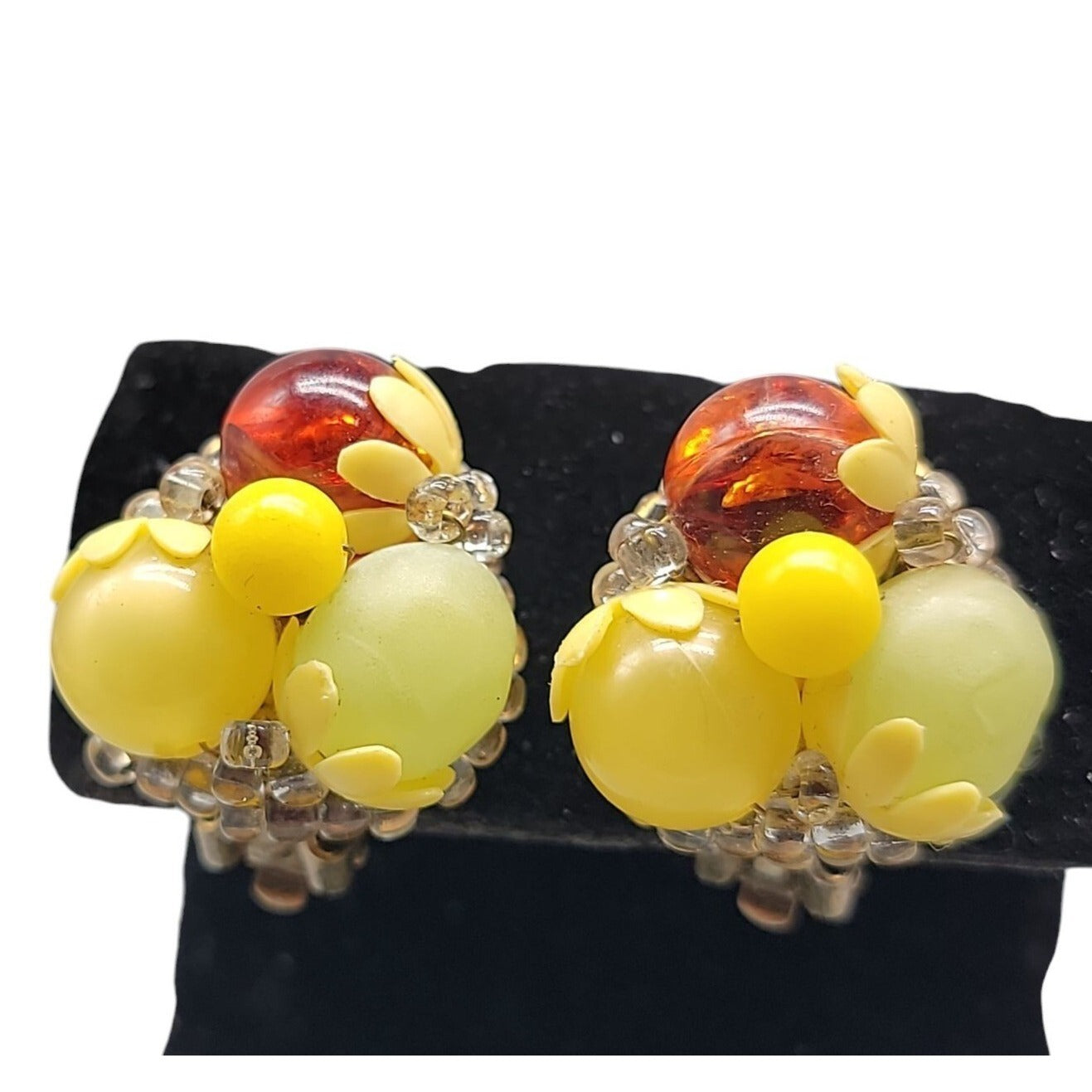 Fruit Salad Clip On Earrings Vintage Lucite Cluster Beads Gold Tone Setting