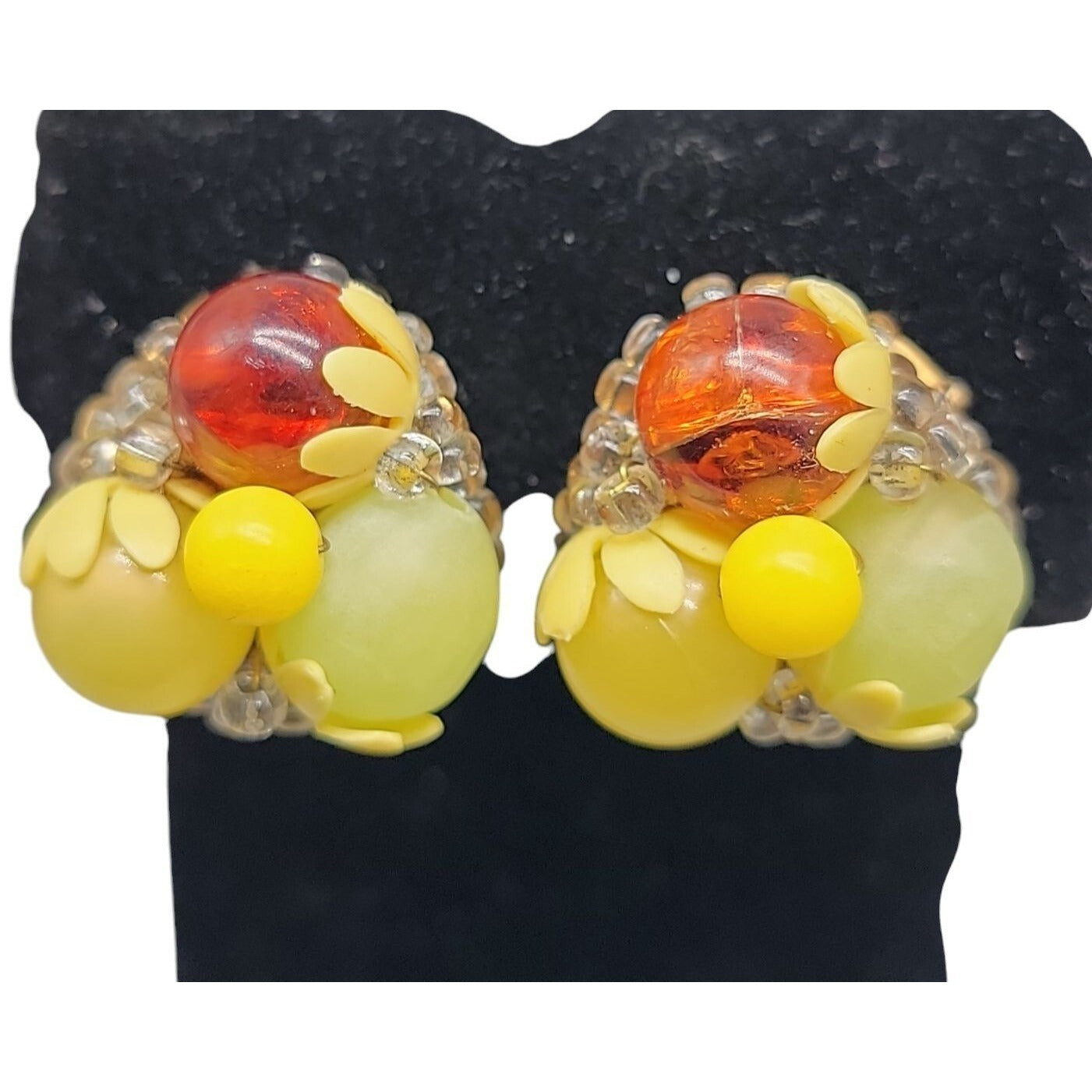 Fruit Salad Clip On Earrings Vintage Lucite Cluster Beads Gold Tone Setting