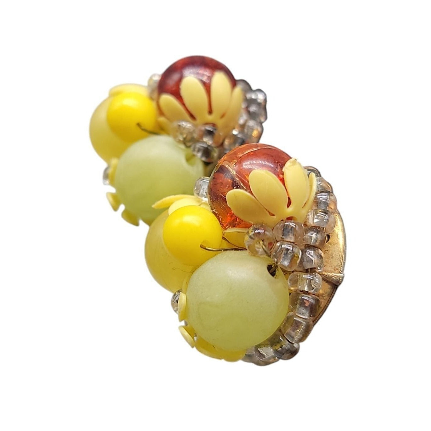 Fruit Salad Clip On Earrings Vintage Lucite Cluster Beads Gold Tone Setting