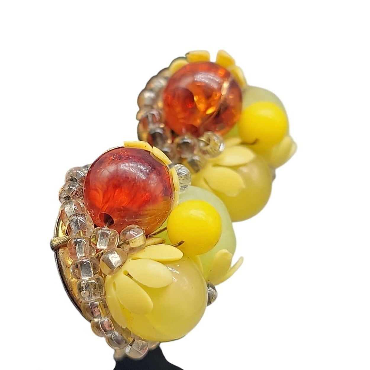 Fruit Salad Clip On Earrings Vintage Lucite Cluster Beads Gold Tone Setting