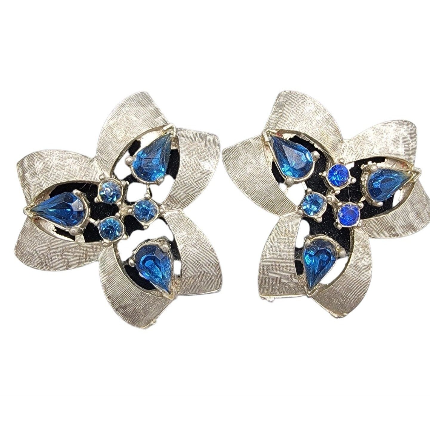 Karl Arke Inc Large Floral Clip On Earrings Silver Tone Blue Rhinestones Vintage