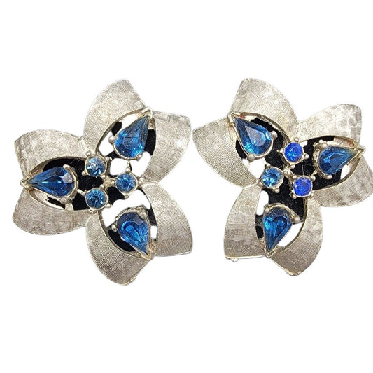 Karl Arke Inc Large Floral Clip On Earrings Silver Tone Blue Rhinestones Vintage
