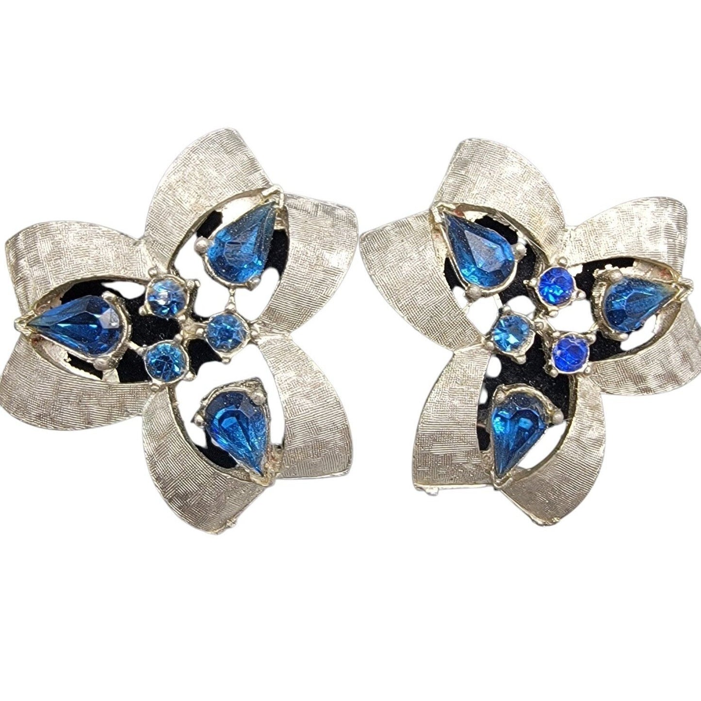 Karl Arke Inc Large Floral Clip On Earrings Silver Tone Blue Rhinestones Vintage