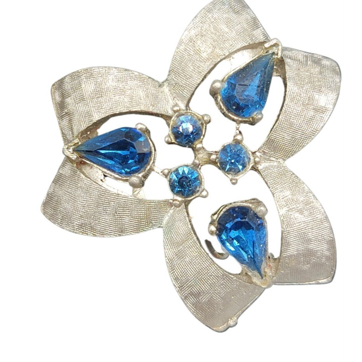 Karl Arke Inc Large Floral Clip On Earrings Silver Tone Blue Rhinestones Vintage