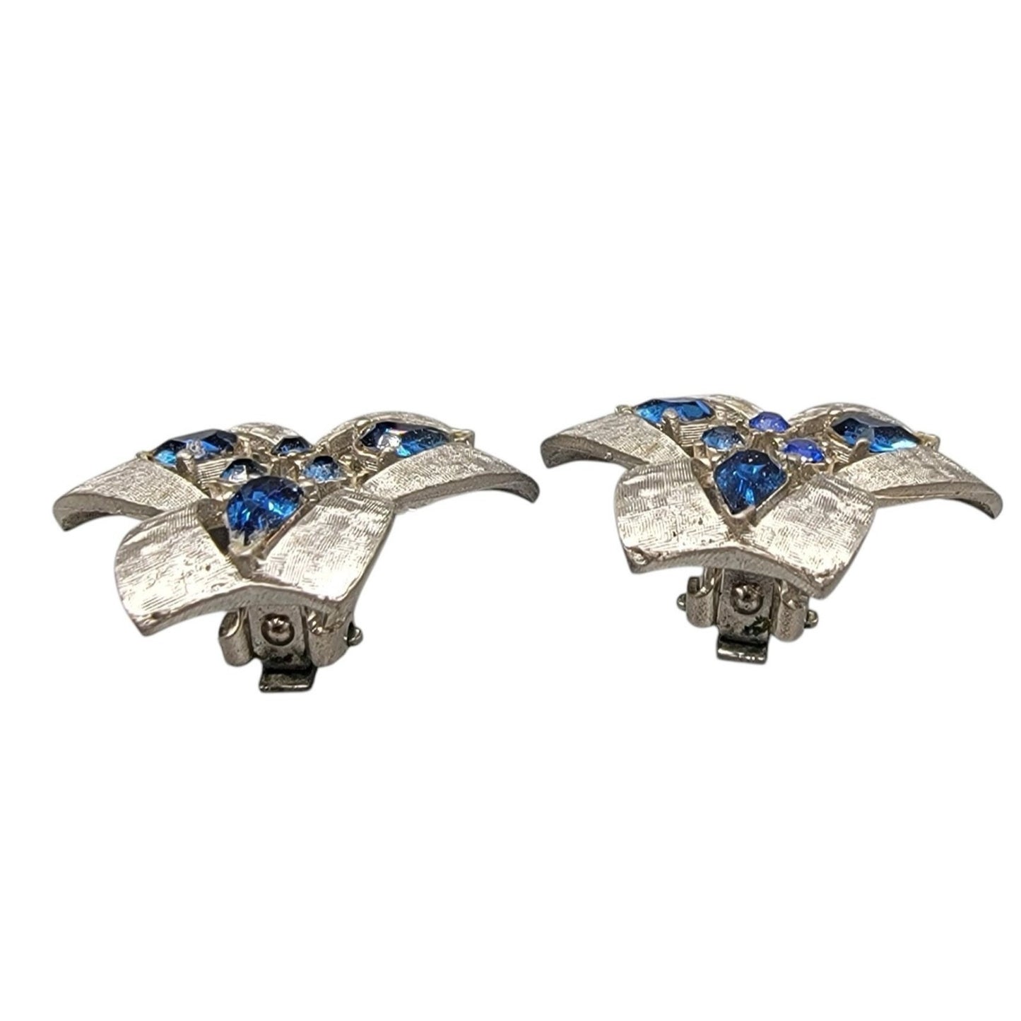 Karl Arke Inc Large Floral Clip On Earrings Silver Tone Blue Rhinestones Vintage