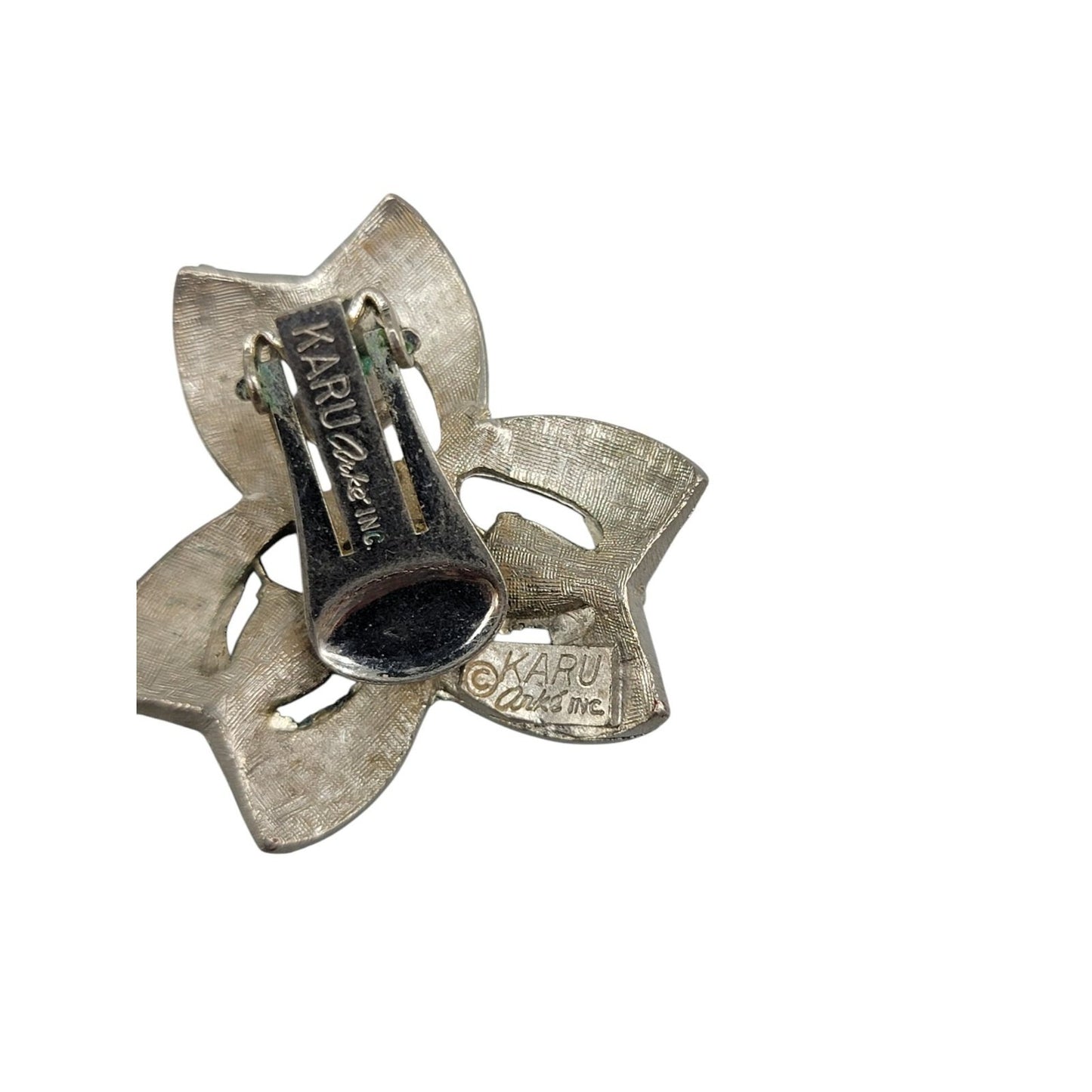 Karl Arke Inc Large Floral Clip On Earrings Silver Tone Blue Rhinestones Vintage