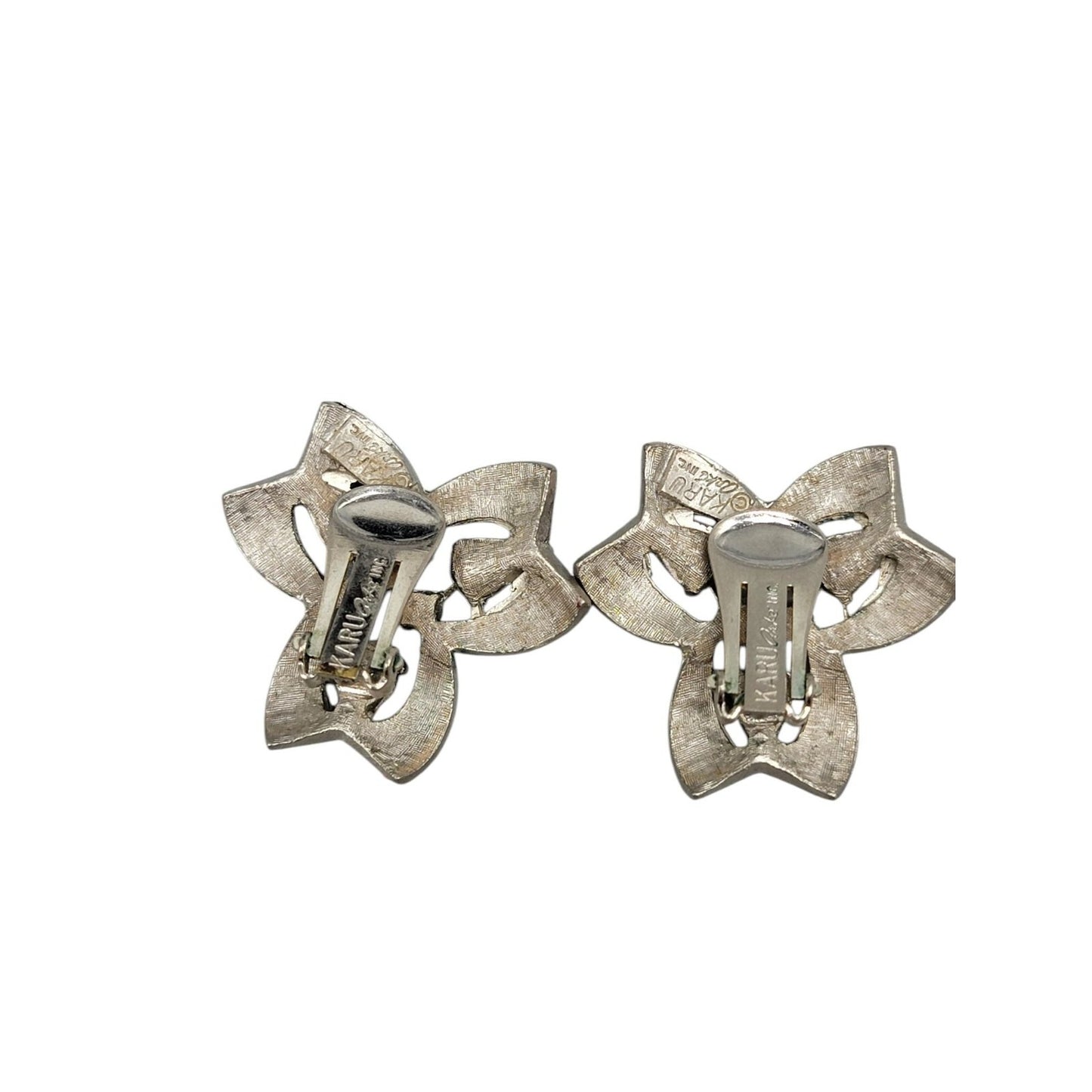 Karl Arke Inc Large Floral Clip On Earrings Silver Tone Blue Rhinestones Vintage