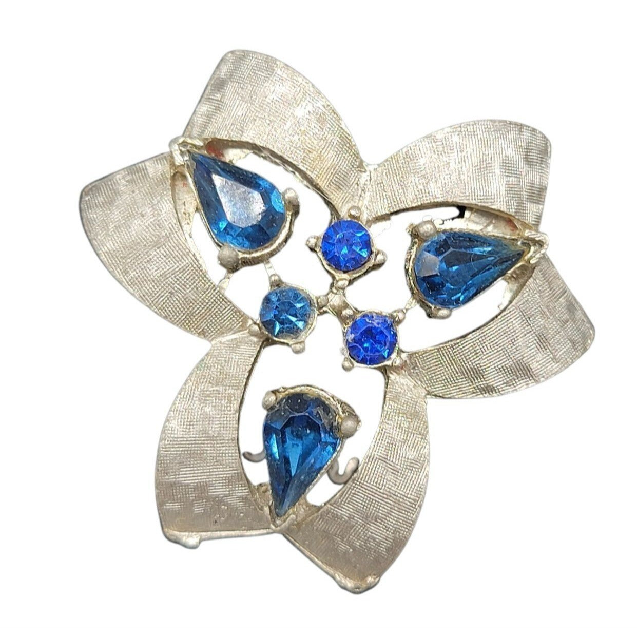 Karl Arke Inc Large Floral Clip On Earrings Silver Tone Blue Rhinestones Vintage