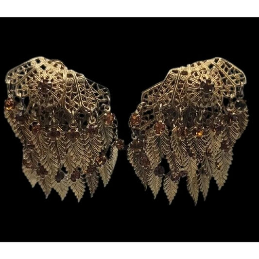 VTG Miriam Haskell Feather Rhinestones Clip On Earrings 1930s Statement Unsigned